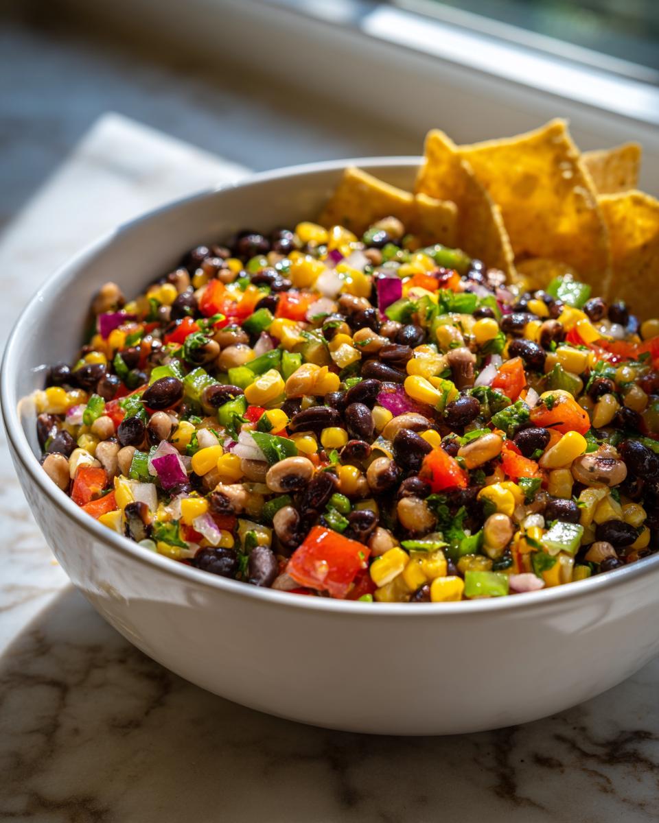 A close-up of a white bowl filled with colorful cowboy caviar, featuring black beans, corn, and peppers, served with tortilla chips.