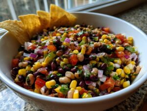 Close-up of a white bowl filled with colorful cowboy caviar, featuring beans, corn, and red onion, served with tortilla chips.