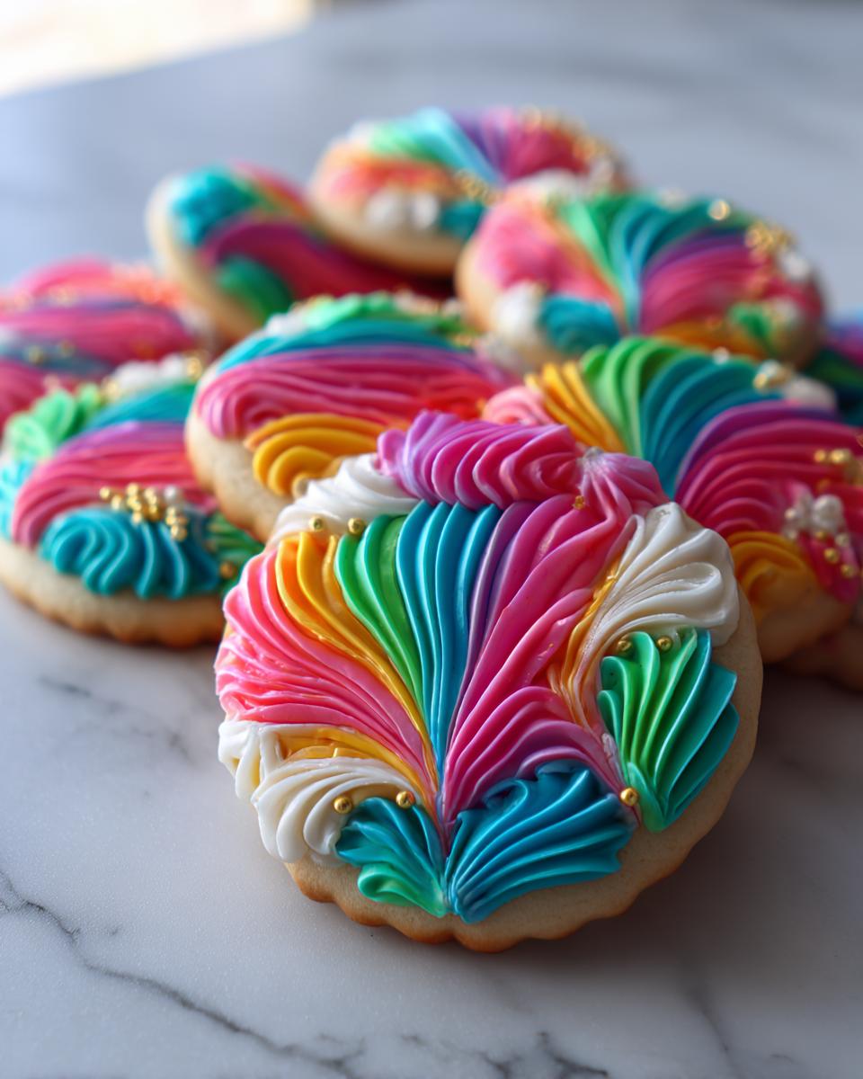 Close-up of sugar cookies decorated with vibrant, piped rainbow cookie icing in a feather or fan design, sprinkled with gold beads.