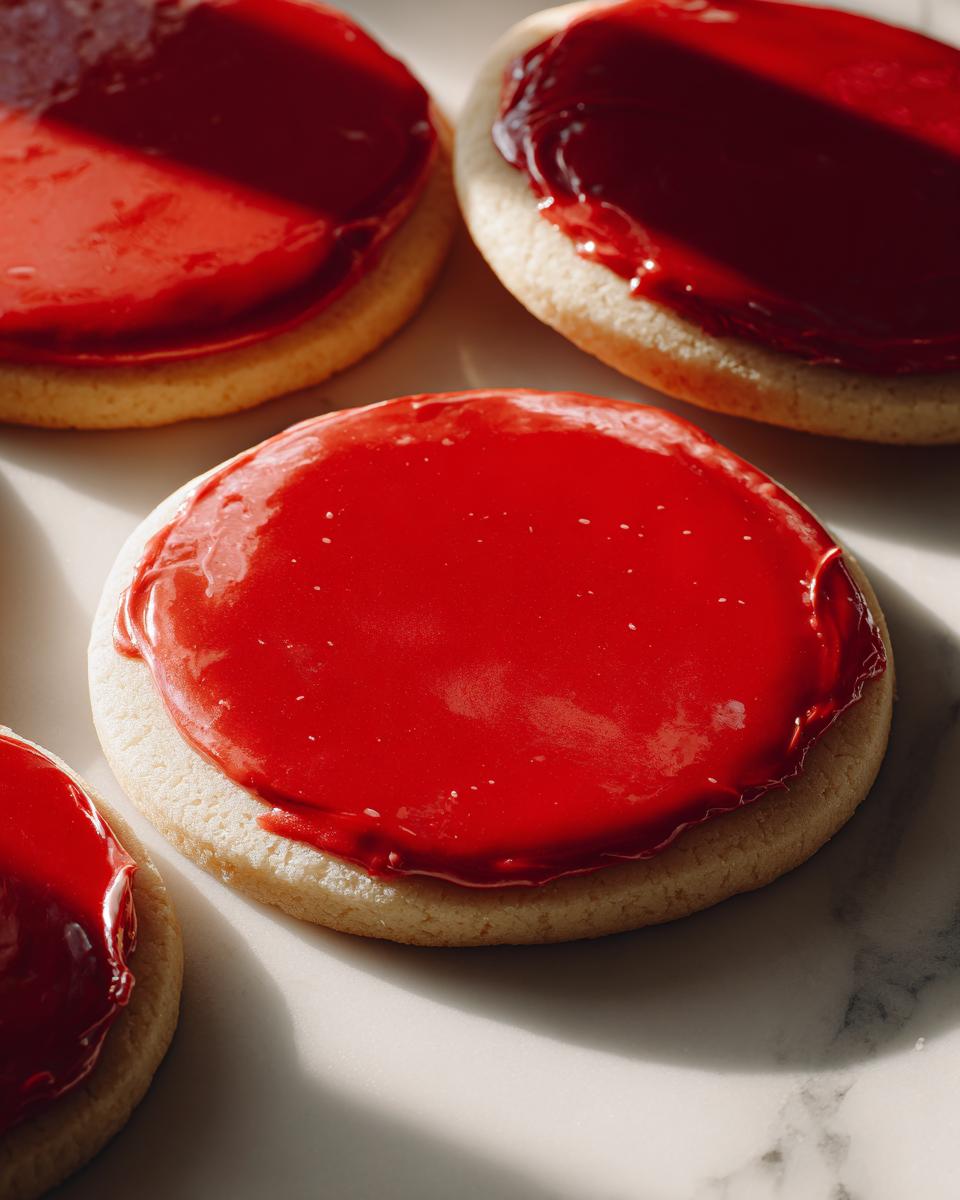Close-up of round sugar cookies topped with a thick, vibrant red sugar cookie icing recipe glaze.