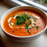 A vibrant bowl of rich, orange roasted tomato soup, swirled with cream and topped with fresh basil leaves.