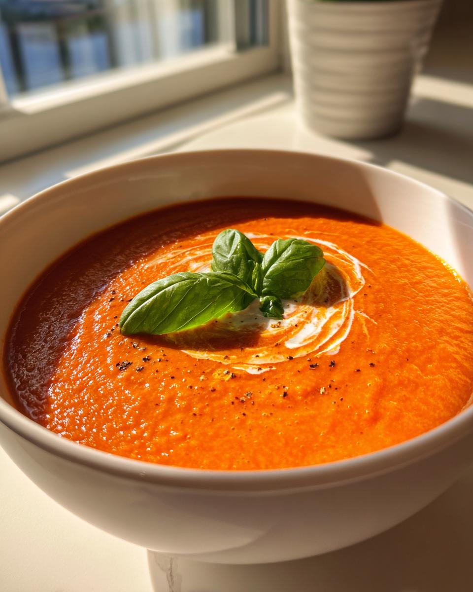 A vibrant bowl of rich roasted tomato soup, swirled with cream and topped with fresh basil leaves.