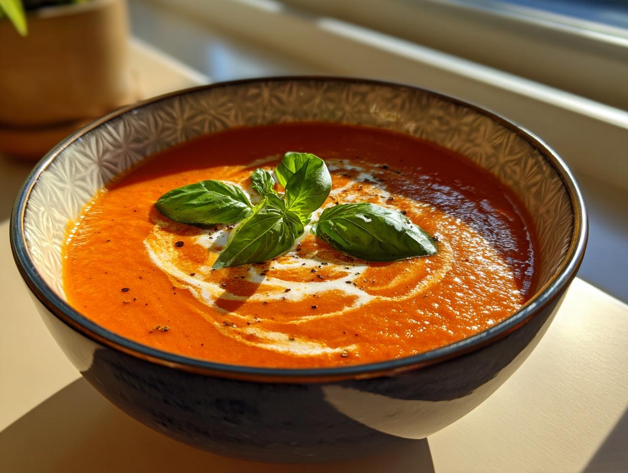 A close-up of vibrant roasted tomato soup topped with a swirl of cream and fresh basil leaves.
