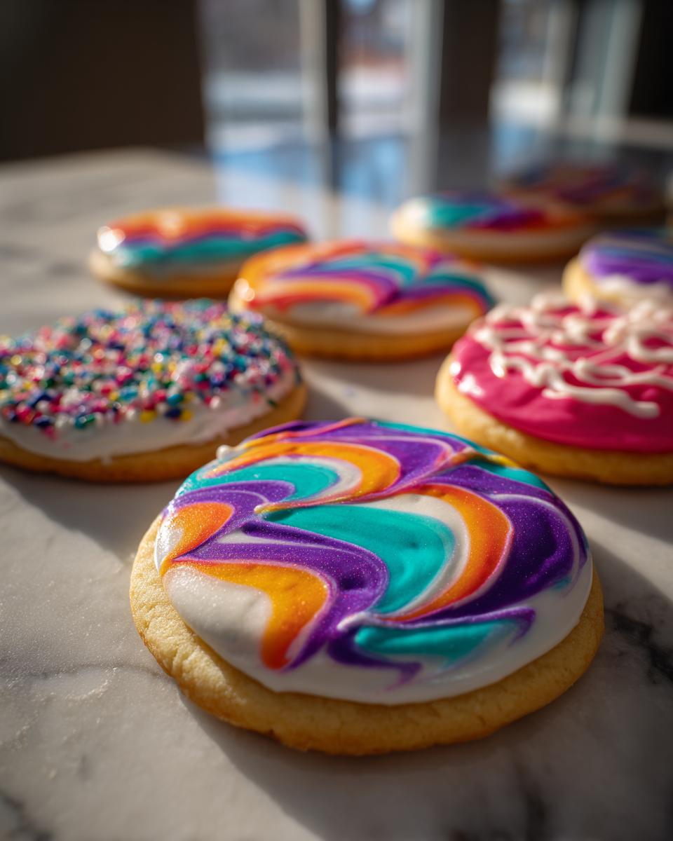 Close-up of a sugar cookie with vibrant, swirled cookie icing in purple, teal, and orange, set among other decorated cookies.