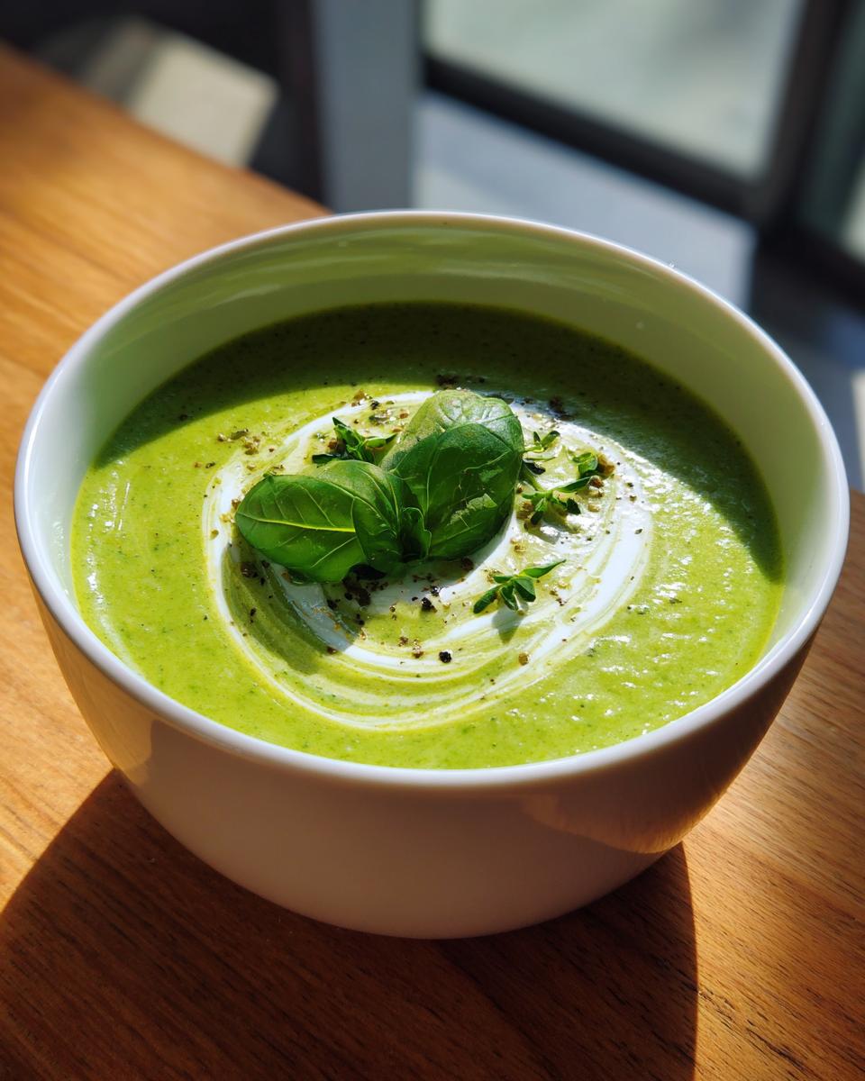 A close-up of bright green zucchini soup topped with a swirl of cream, fresh basil leaves, and cracked pepper.