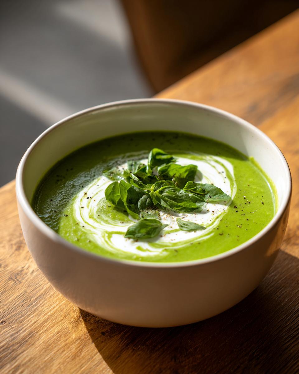 A close-up of vibrant green zucchini soup, swirled with cream and topped with fresh basil leaves.