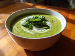 A close-up of a creamy, vibrant green zucchini soup garnished with a swirl of cream and fresh basil leaves.