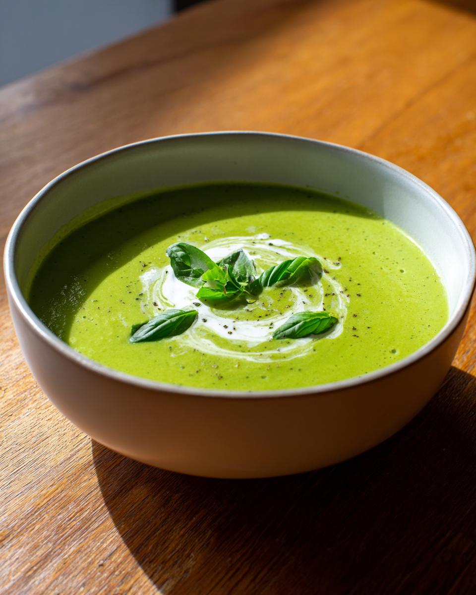 A bowl of bright green zucchini soup swirled with cream and topped with fresh basil leaves.