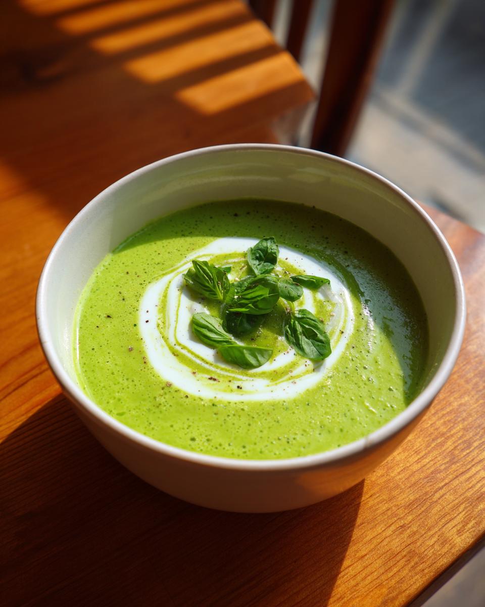 A bowl of vibrant green zucchini soup topped with a swirl of cream and fresh basil leaves.