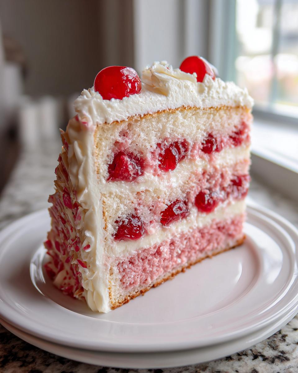 A tall slice of vintage cherry cake featuring layers of pink and white sponge, filled with bright red cherries and white cream, topped with frosting and maraschino cherries.