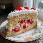 A delicious slice of vintage cherry cake featuring layers of light sponge, creamy filling with bright red cherries, and topped with whipped cream and maraschino cherries.