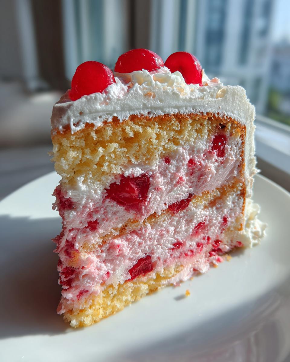 A tall slice of vintage cherry cake featuring layers of yellow sponge, pink cherry filling, and white whipped cream, topped with maraschino cherries.