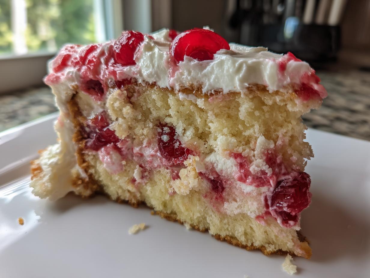 Close-up of a moist slice of vintage cherry cake layered with white cream and topped with bright red cherries.