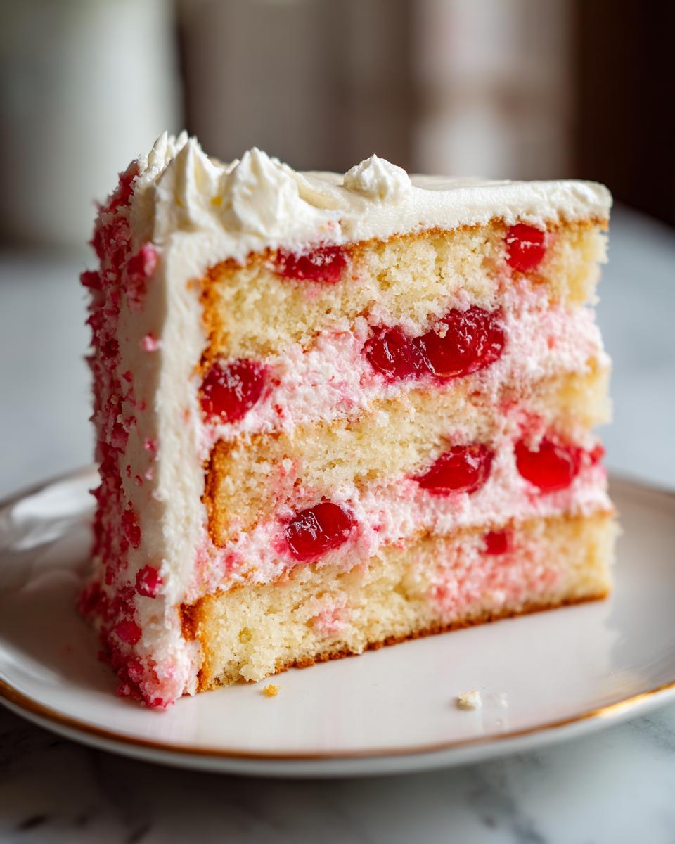Close-up of a moist, three-layer slice of vintage cherry cake with pink cream filling and whole cherries.