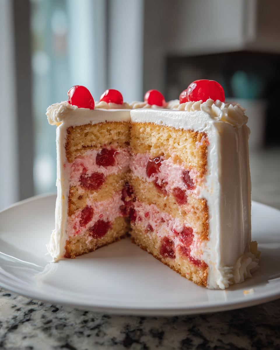 Cross-section of a moist, layered cherry cake with pink cream filling and topped with maraschino cherries.