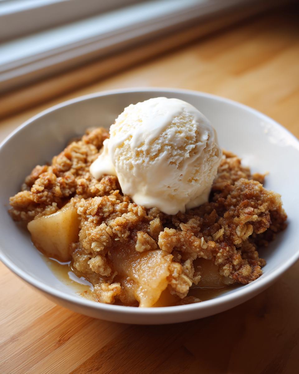 A bowl of warm apple crumble topped with a melting scoop of vanilla ice cream.