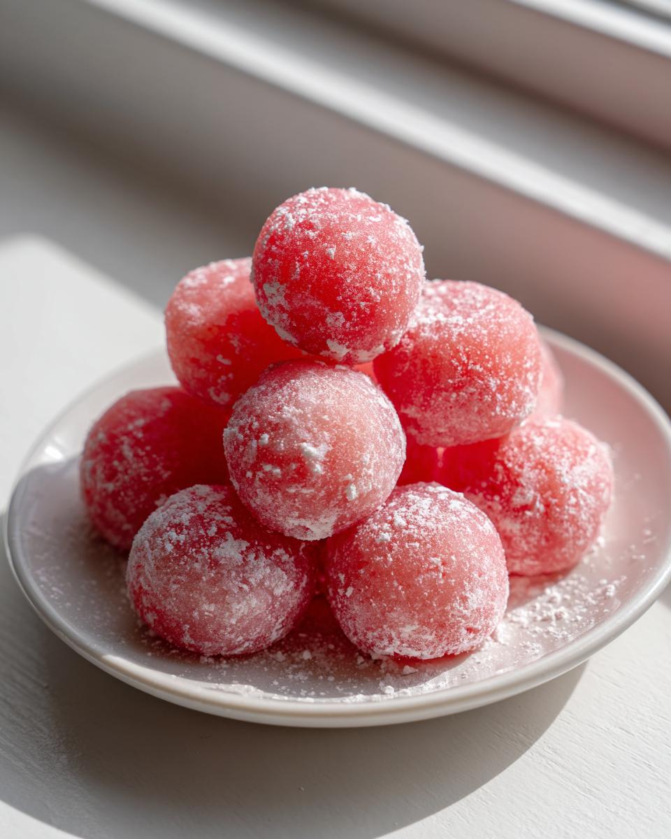 A stack of bright pink, round watermelon mochi dusted generously with white powdered sugar on a small white plate.