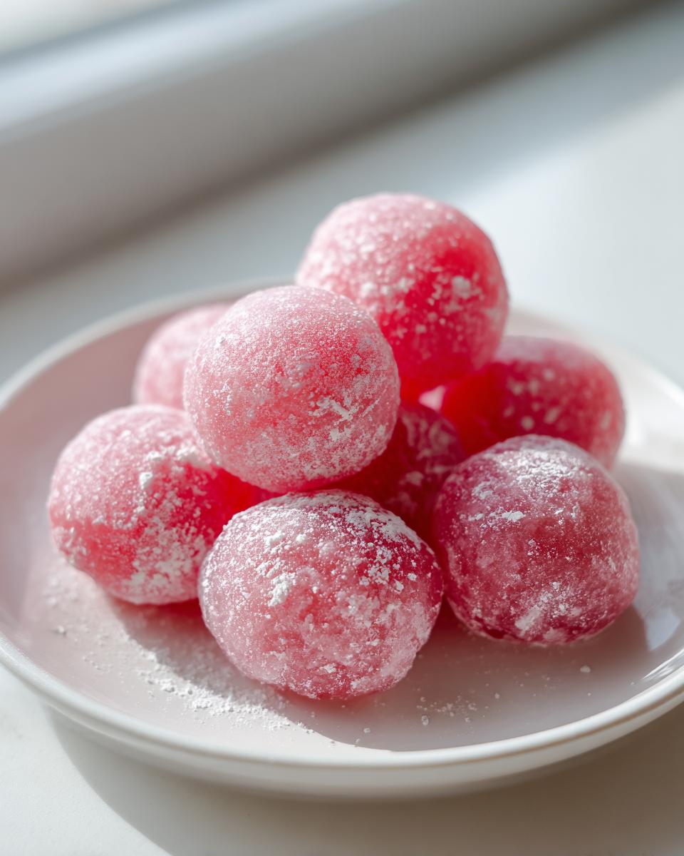A small pile of bright pink, round watermelon mochi dusted lightly with white powdered sugar on a white plate.