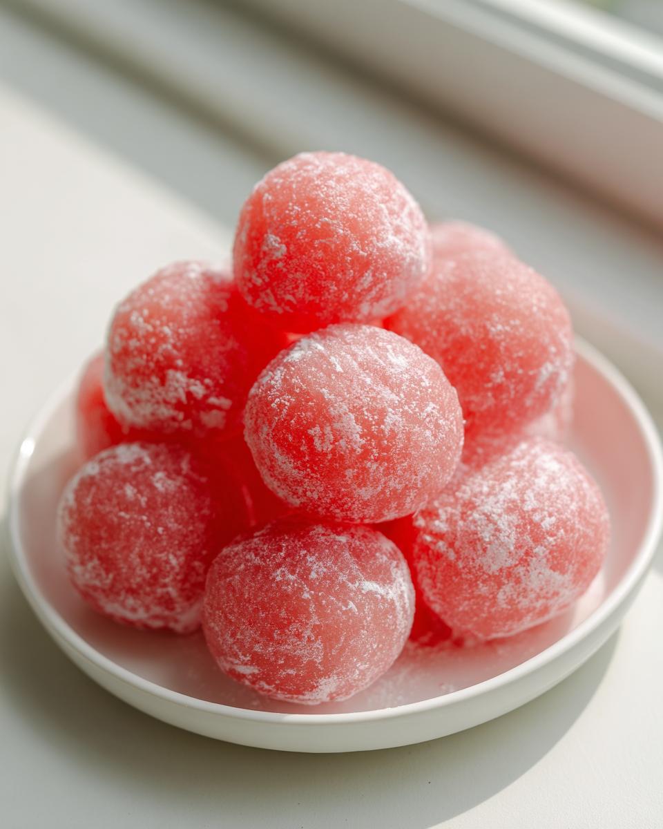 A stack of bright pink, round watermelon mochi dusted with white powder, resting on a small white dish.