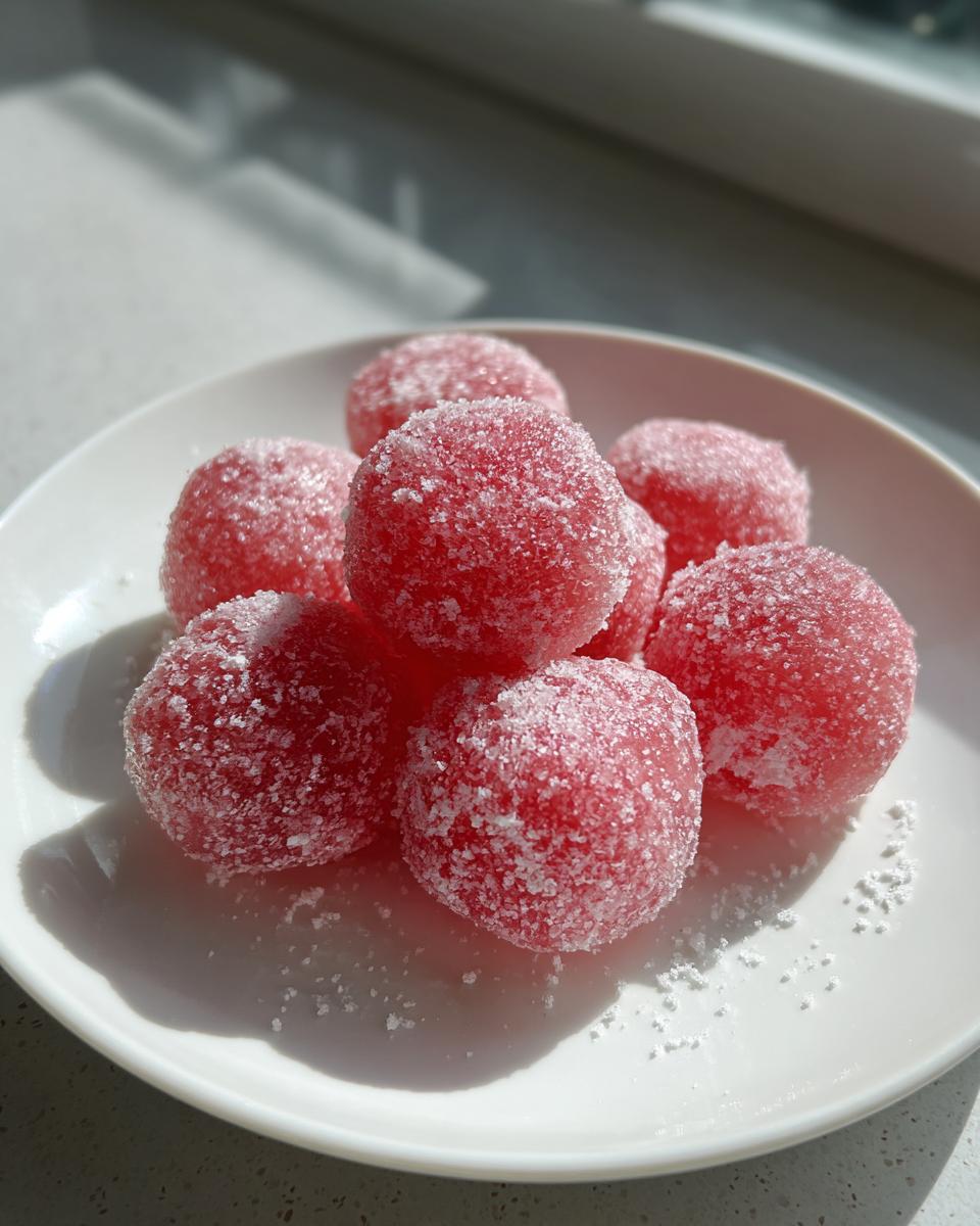 A pile of bright pink, sugar-coated watermelon mochi balls resting on a white plate in bright sunlight.