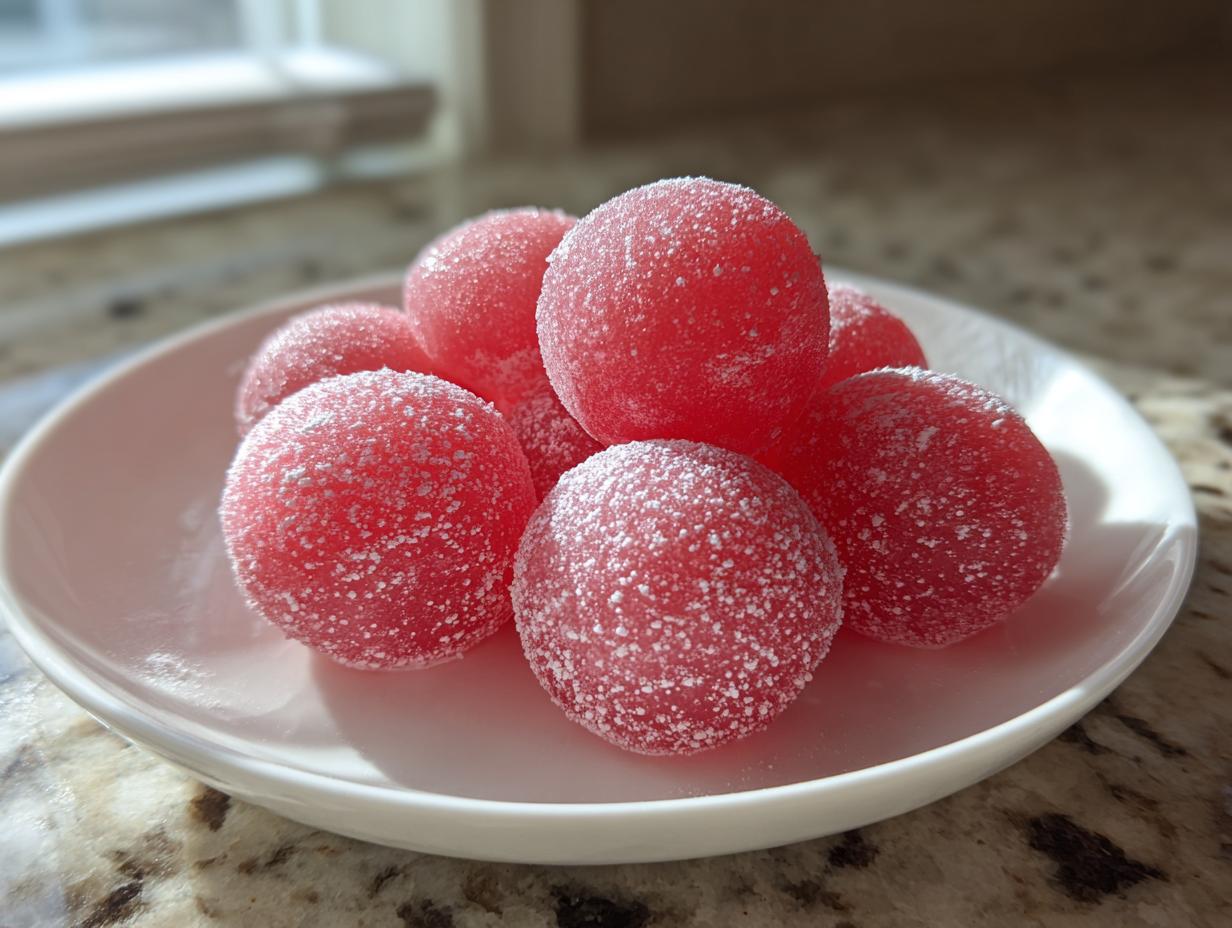 Close-up of several bright pink, round watermelon mochi coated in granulated sugar, resting on a white plate.