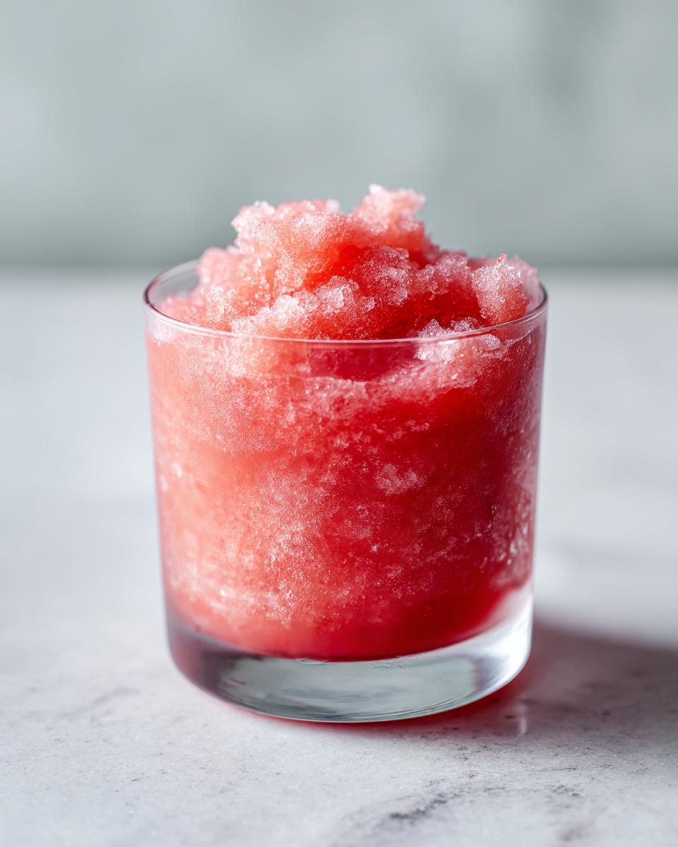 Close-up of a vibrant red, icy watermelon smoothie served in a clear glass on a white marble surface.