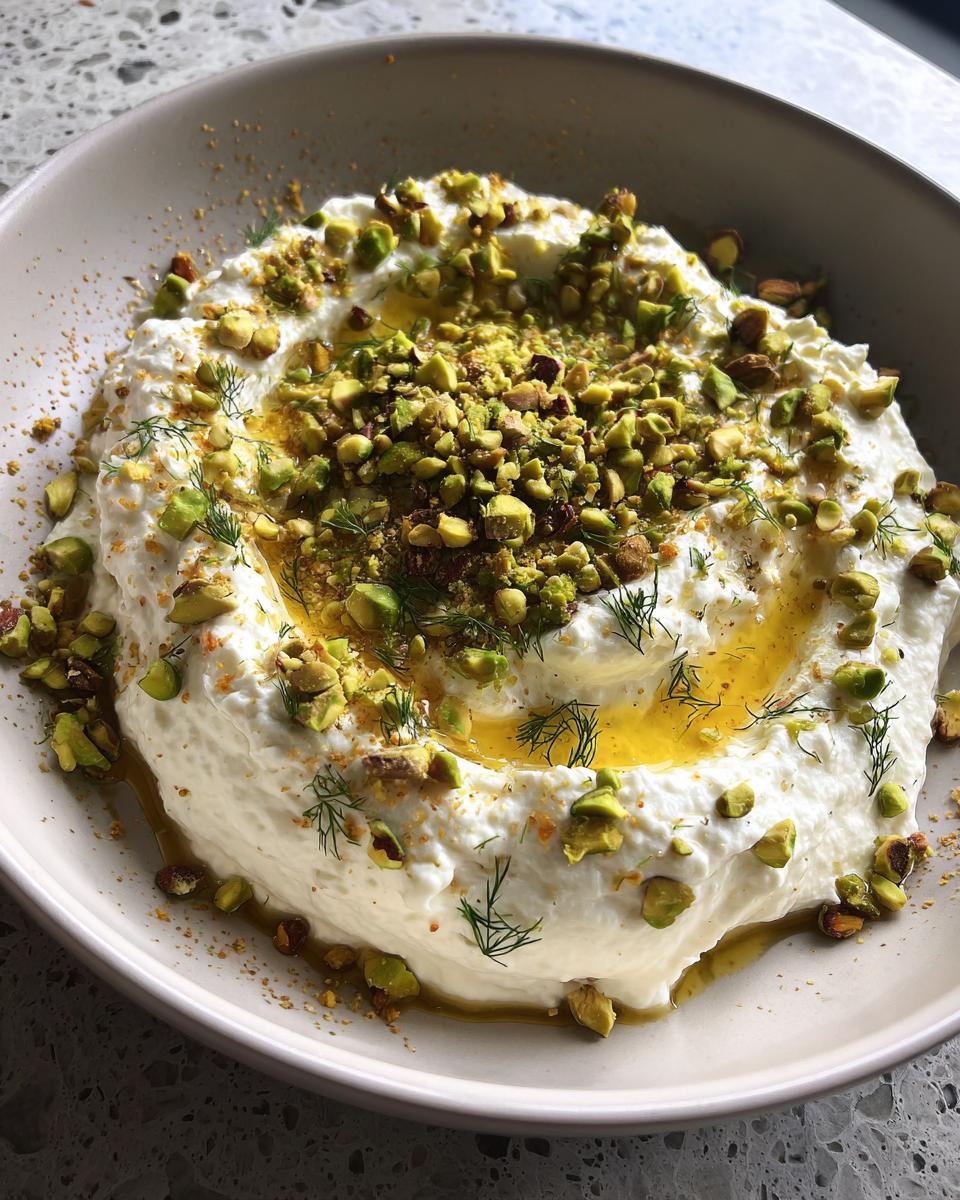 A creamy bowl of whipped feta dip drizzled with olive oil and generously topped with chopped pistachios and dill.