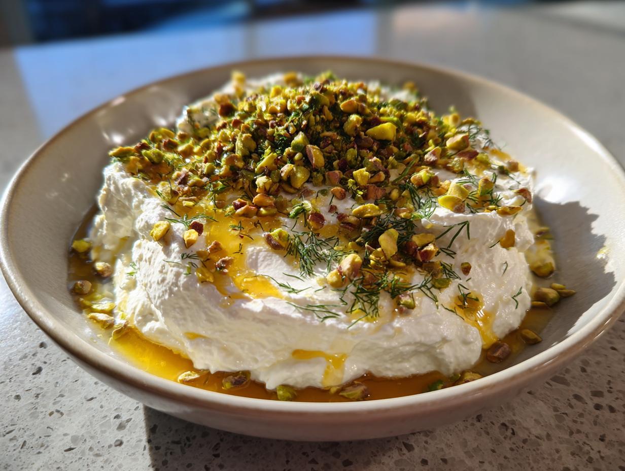 A bowl of creamy whipped feta dip topped generously with chopped pistachios, fresh dill, and a drizzle of golden honey.