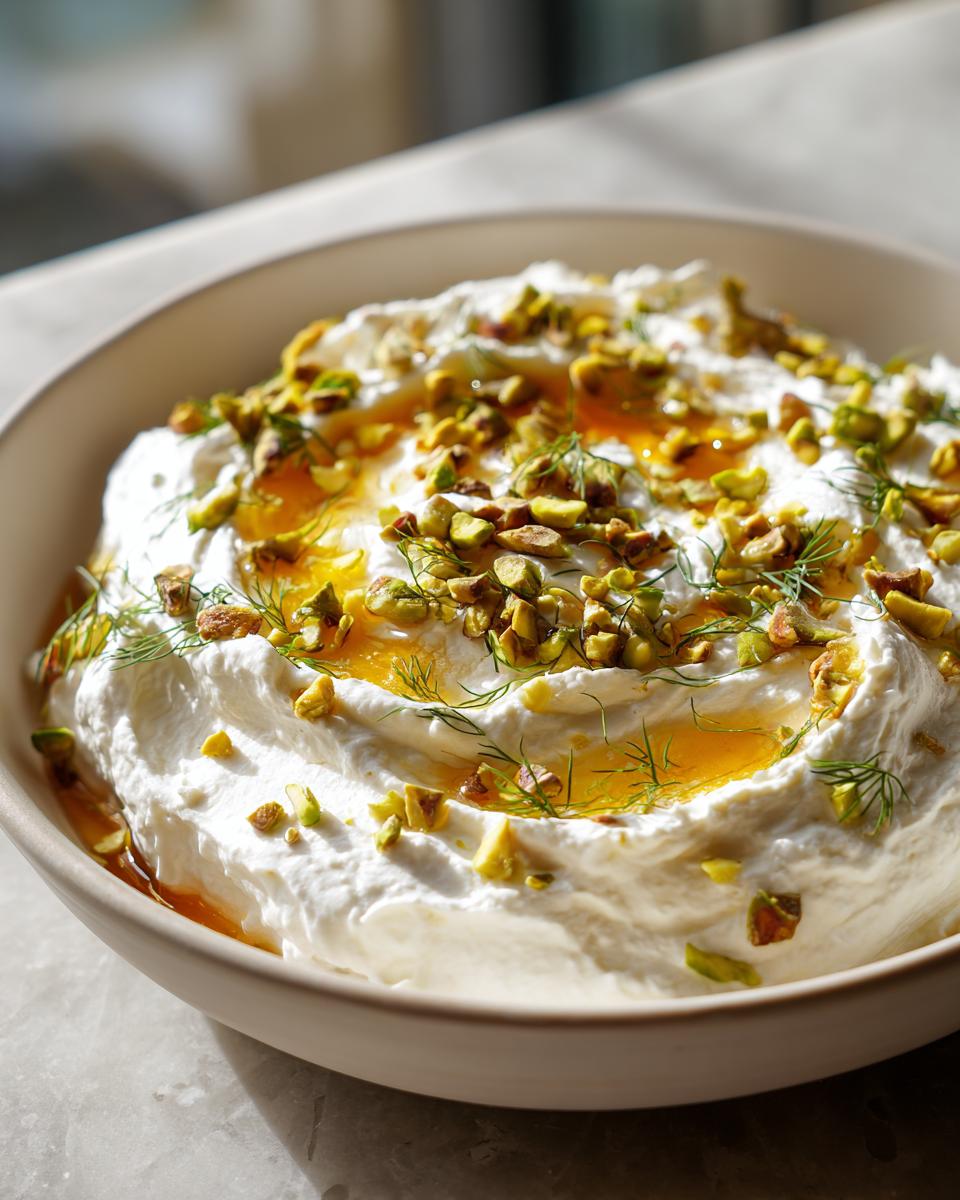 A creamy bowl of whipped feta dip topped with chopped pistachios, drizzled honey, and fresh dill.