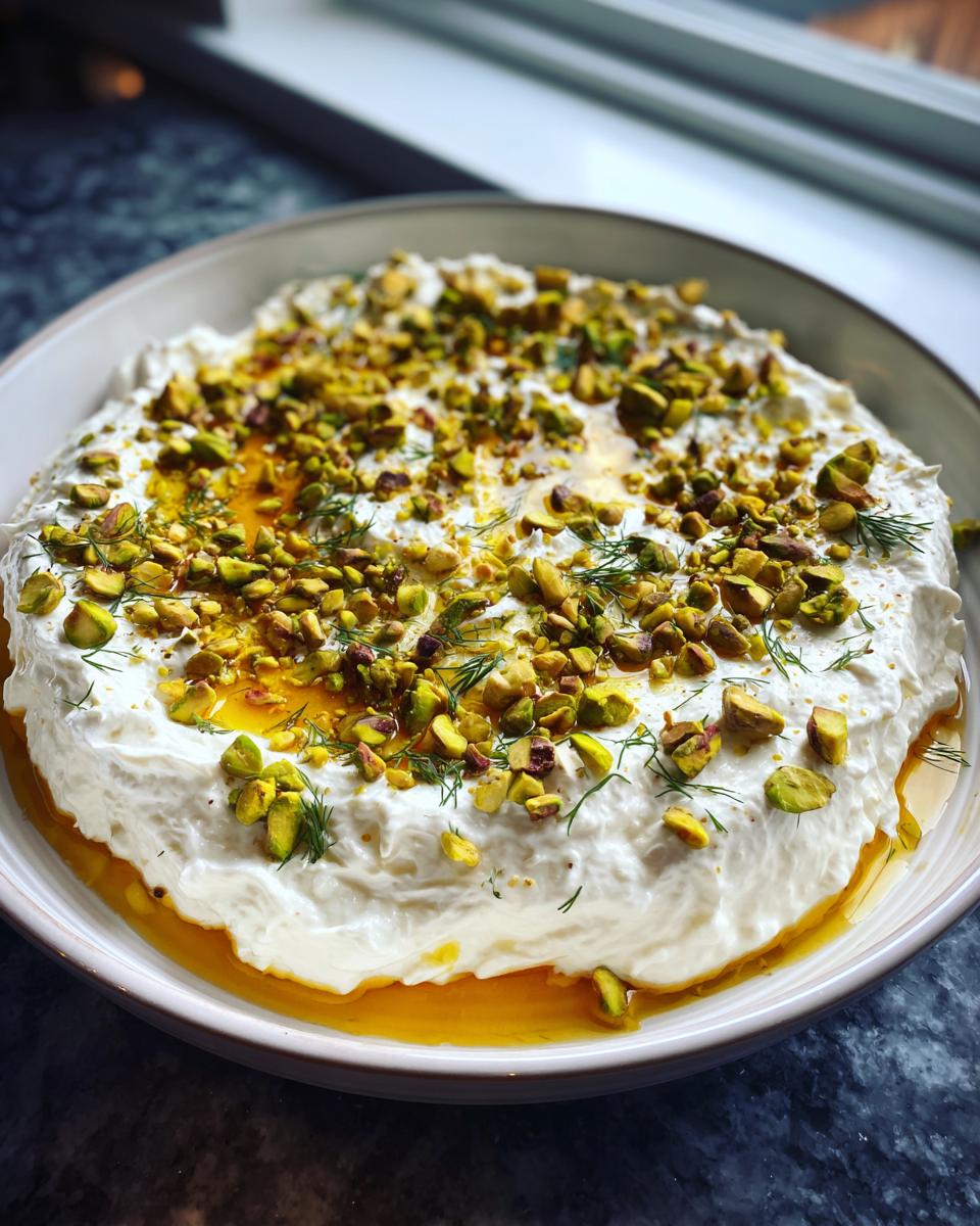 A bowl of creamy whipped feta dip drizzled with honey and topped generously with chopped pistachios and dill.