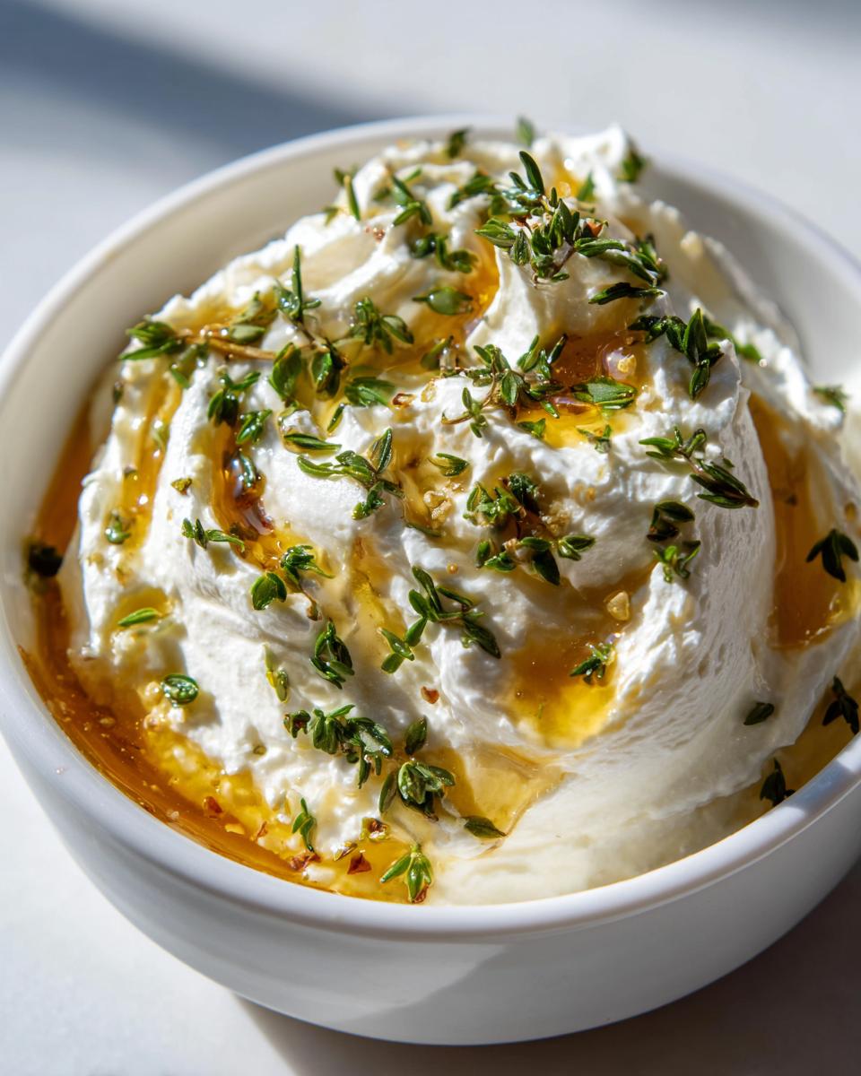 Close-up of creamy whipped goat cheese topped with drizzled honey and fresh thyme sprigs in a white bowl.