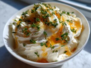 Close-up of creamy whipped goat cheese topped with golden honey drizzle and fresh thyme sprigs in a white bowl.