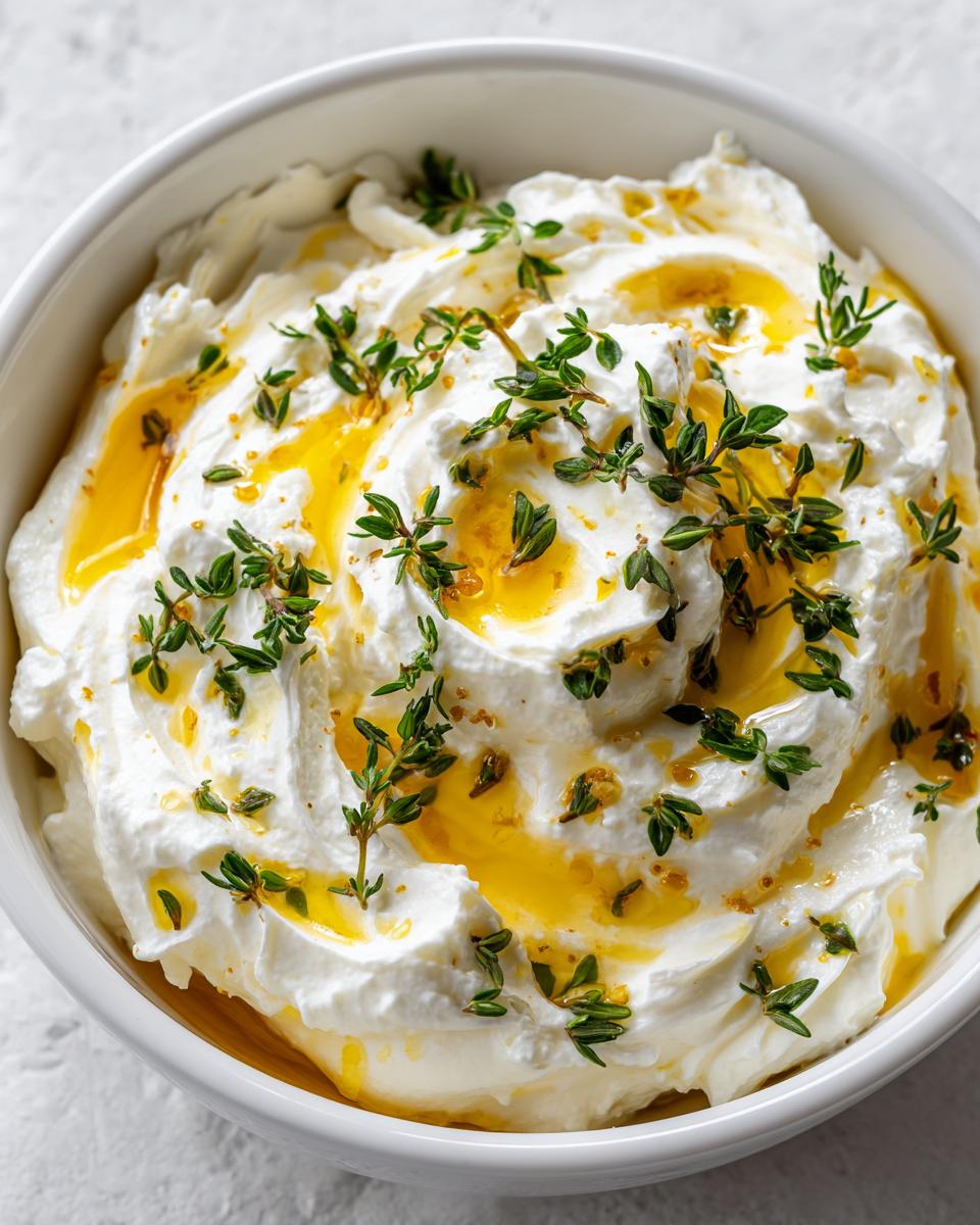 A close-up of creamy whipped goat cheese drizzled with golden honey and fresh thyme sprigs.
