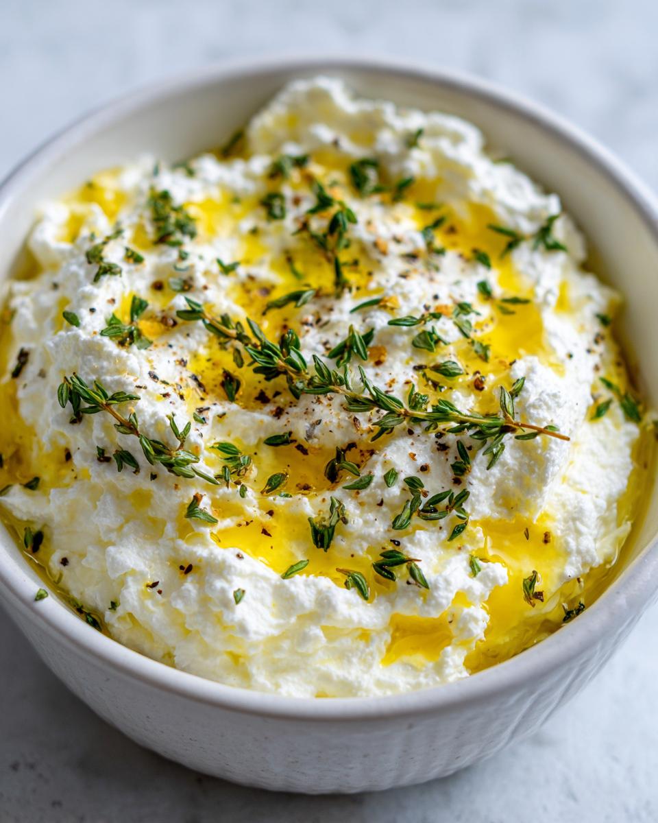 Close-up of fluffy whipped goat cheese topped with golden olive oil, fresh thyme, and cracked black pepper.