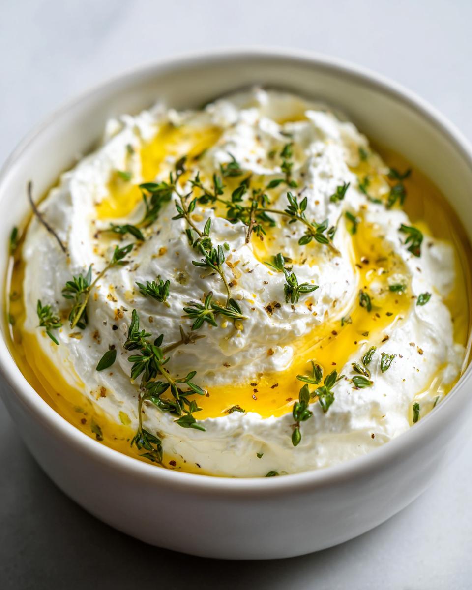 A close-up of creamy whipped goat cheese topped with a swirl of golden olive oil and fresh thyme sprigs.