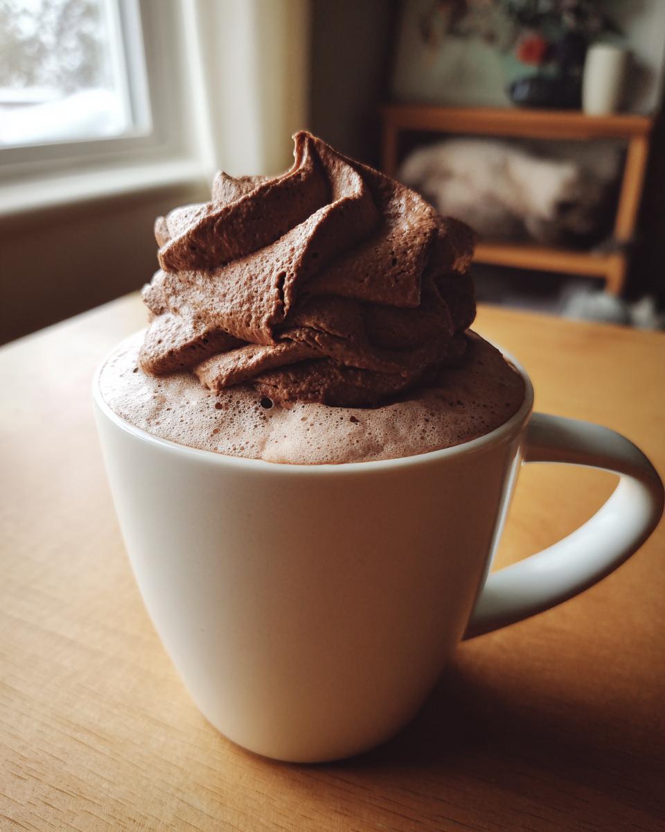 A close-up of a white mug filled with hot chocolate topped with a generous swirl of chocolate whipped hot chocolate.