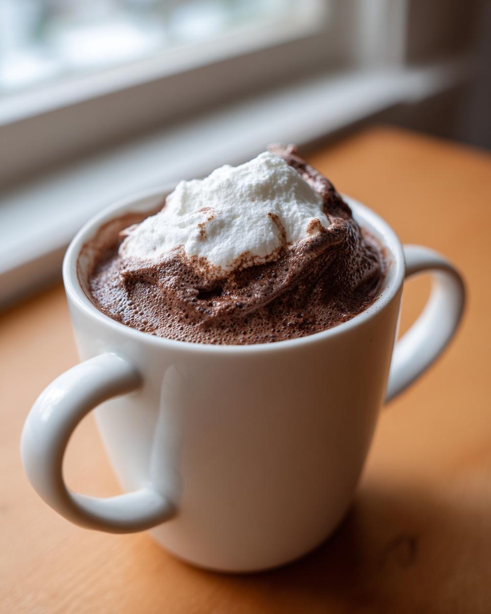 Close-up of rich, frothy whipped hot chocolate topped with a dollop of whipped cream in a white mug.