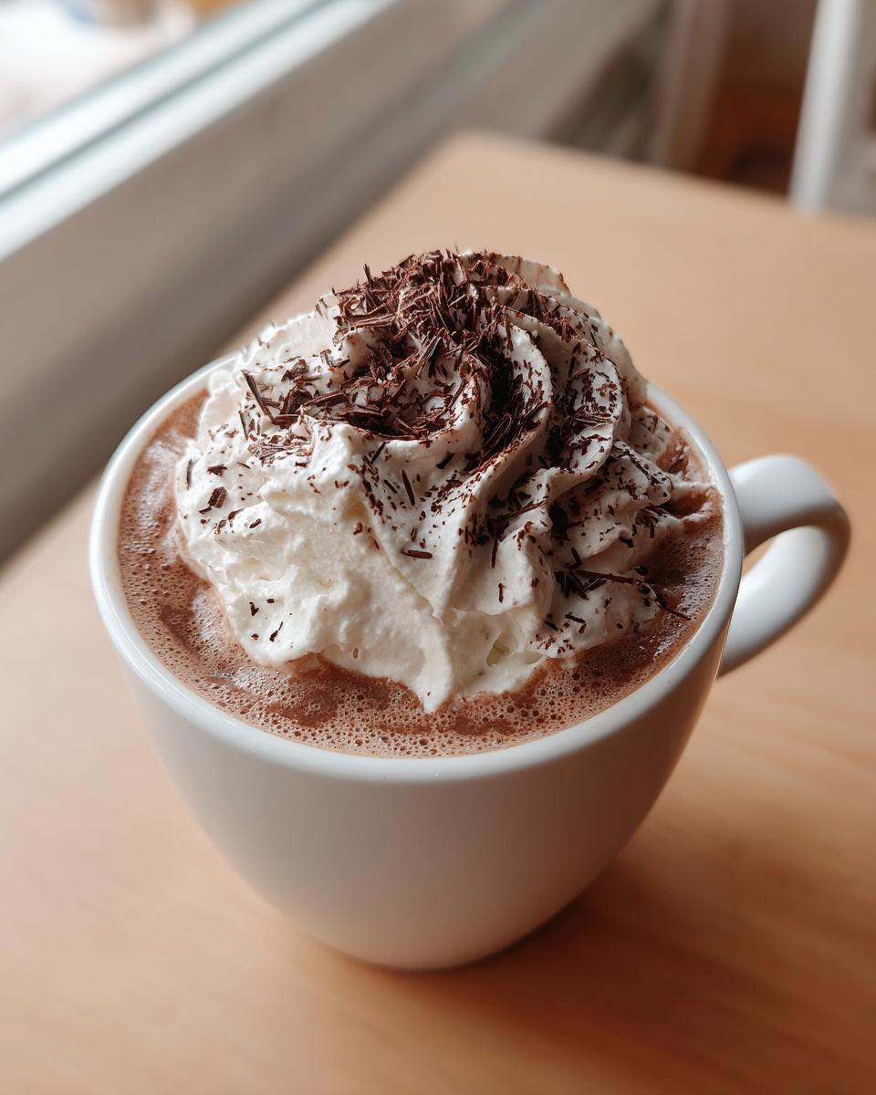 Close-up of a mug filled with rich whipped hot chocolate topped with a swirl of whipped cream and chocolate shavings.