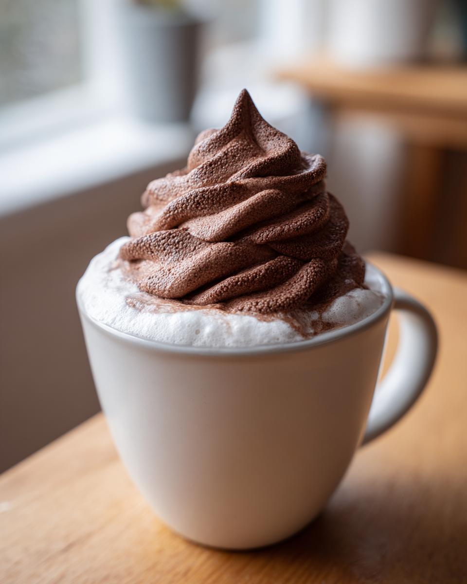 Close-up of a mug filled with whipped hot chocolate, topped with a tall, perfectly piped swirl of chocolate cream.