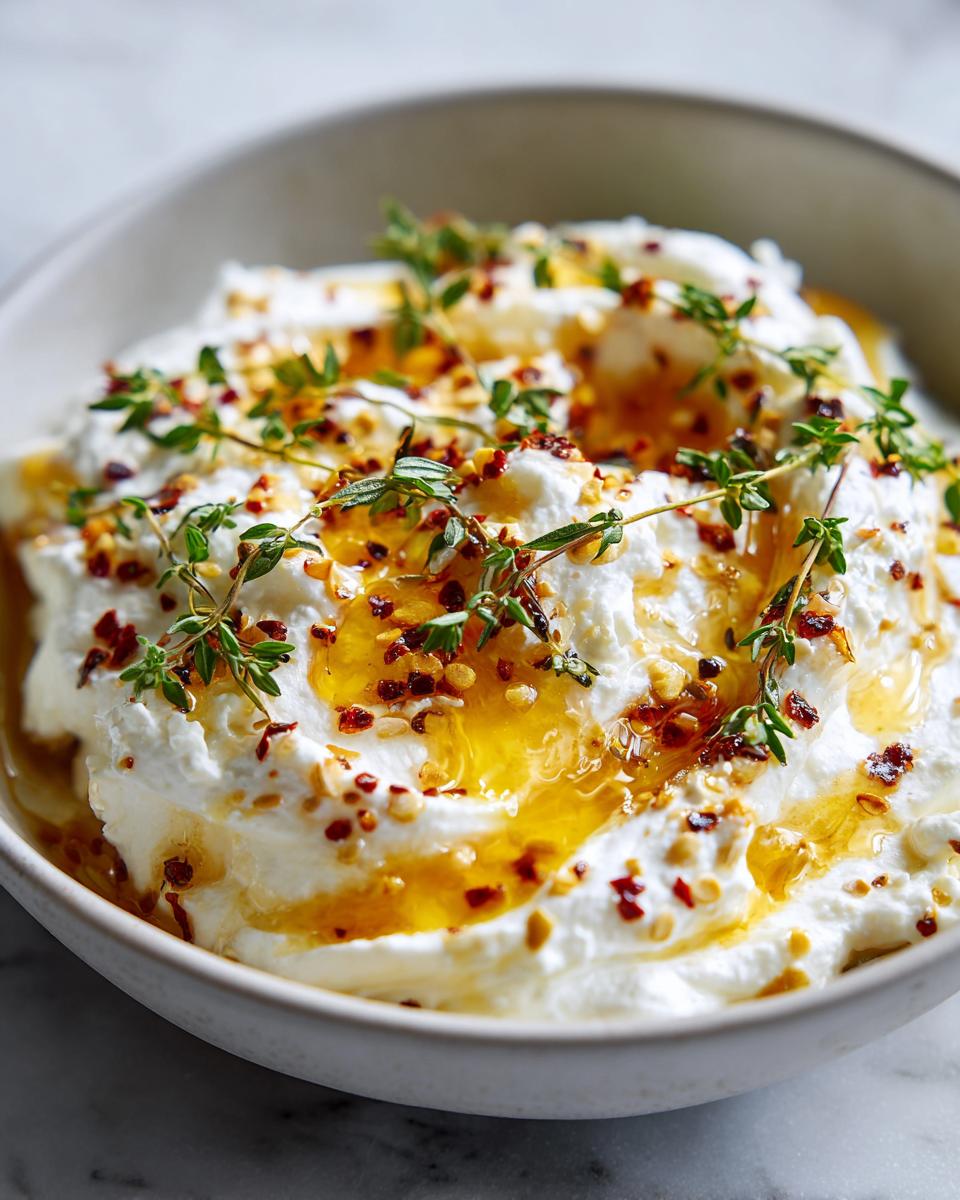 Close-up of creamy whipped ricotta dip drizzled with honey, chili flakes, and fresh thyme sprigs.