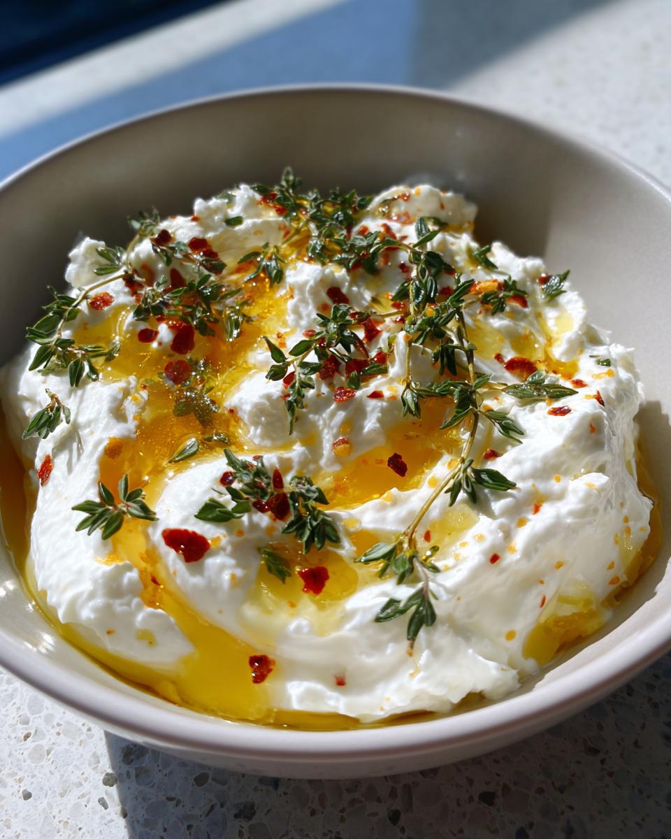 Close-up of creamy whipped ricotta dip drizzled with golden honey, red pepper flakes, and fresh thyme sprigs.