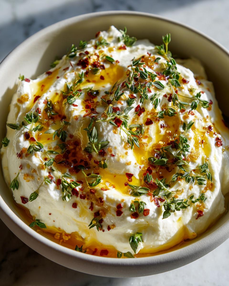 Close-up of fluffy whipped ricotta dip drizzled with honey, chili flakes, and fresh thyme sprigs.