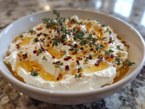 A close-up of a creamy whipped ricotta dip drizzled with honey and sprinkled with chili flakes and fresh thyme.