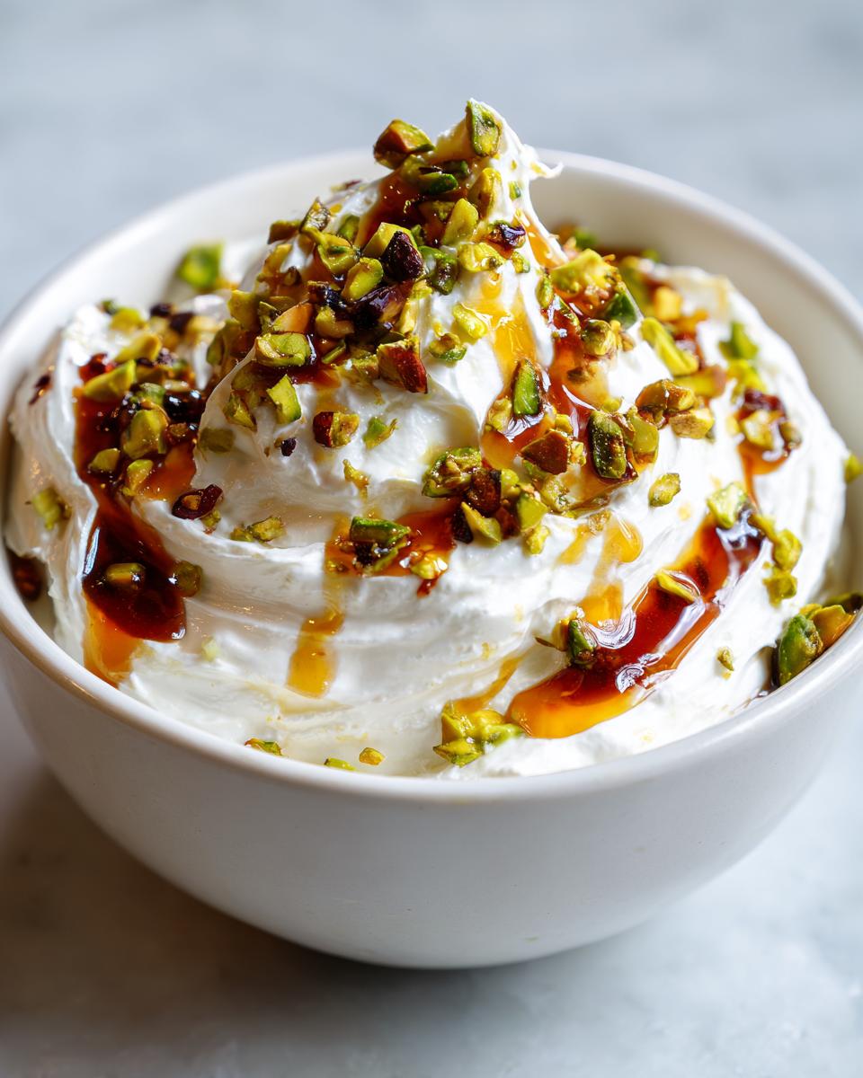 Close-up of a bowl of creamy whipped ricotta dip topped with chopped pistachios and a drizzle of honey.
