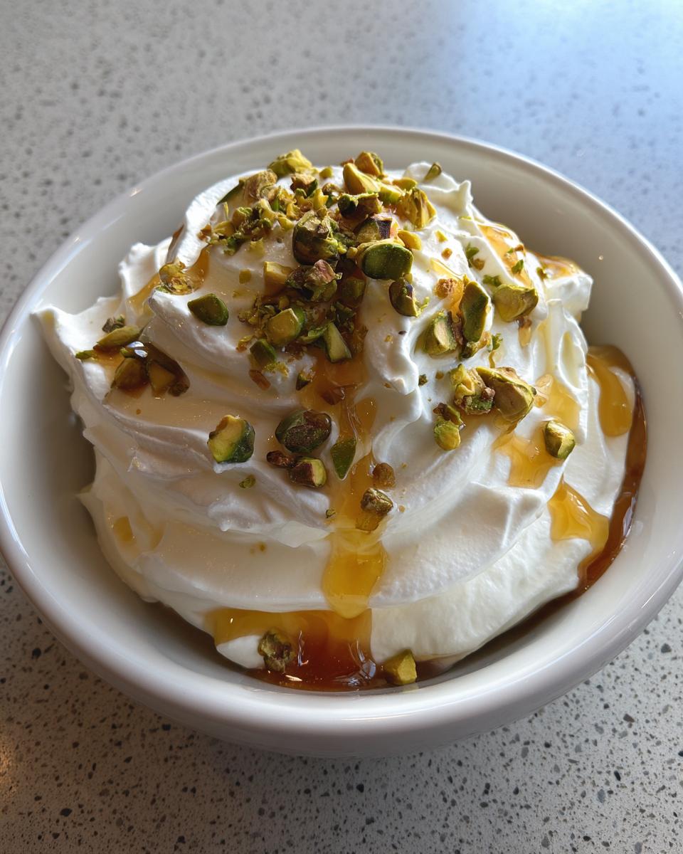 Close-up of a bowl filled with fluffy whipped ricotta dip, drizzled with honey and topped with chopped pistachios.
