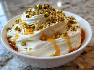 Close-up of a bowl of creamy whipped ricotta dip, drizzled with honey and topped with chopped pistachios.