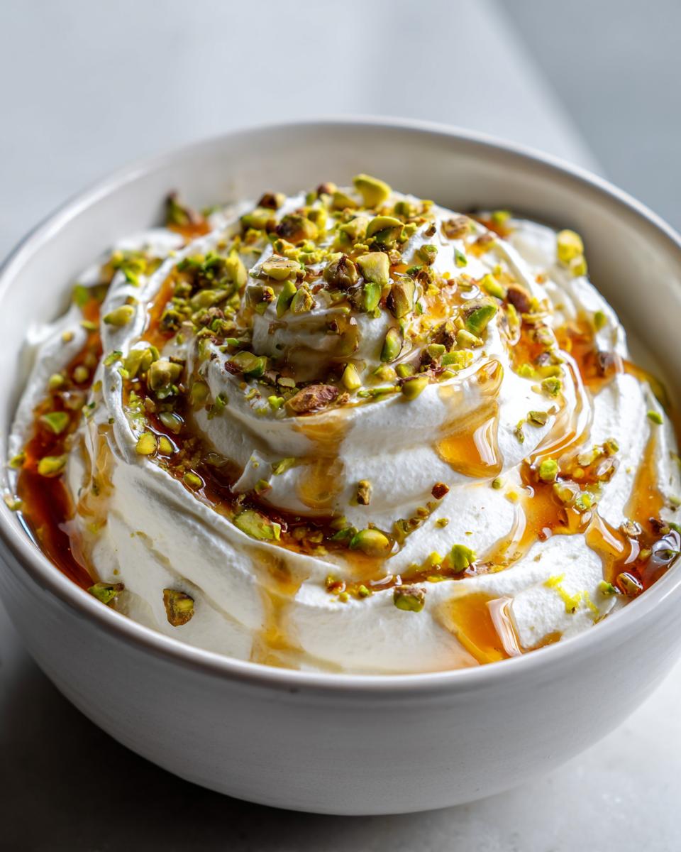 Close-up of a bowl filled with creamy whipped ricotta dip, drizzled with honey and topped with chopped pistachios.