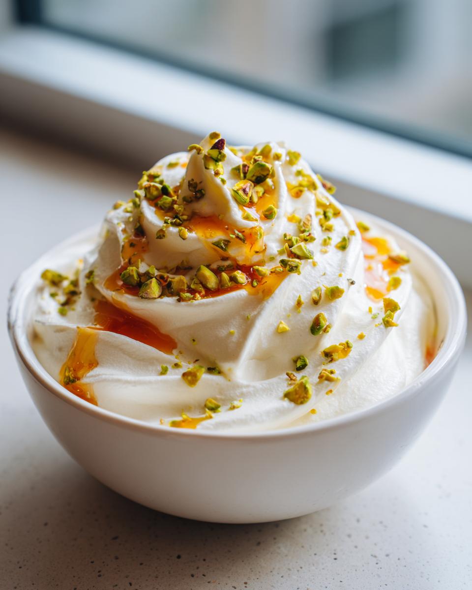 A close-up of creamy whipped ricotta dip swirled high in a white bowl, drizzled with honey and topped with chopped pistachios.