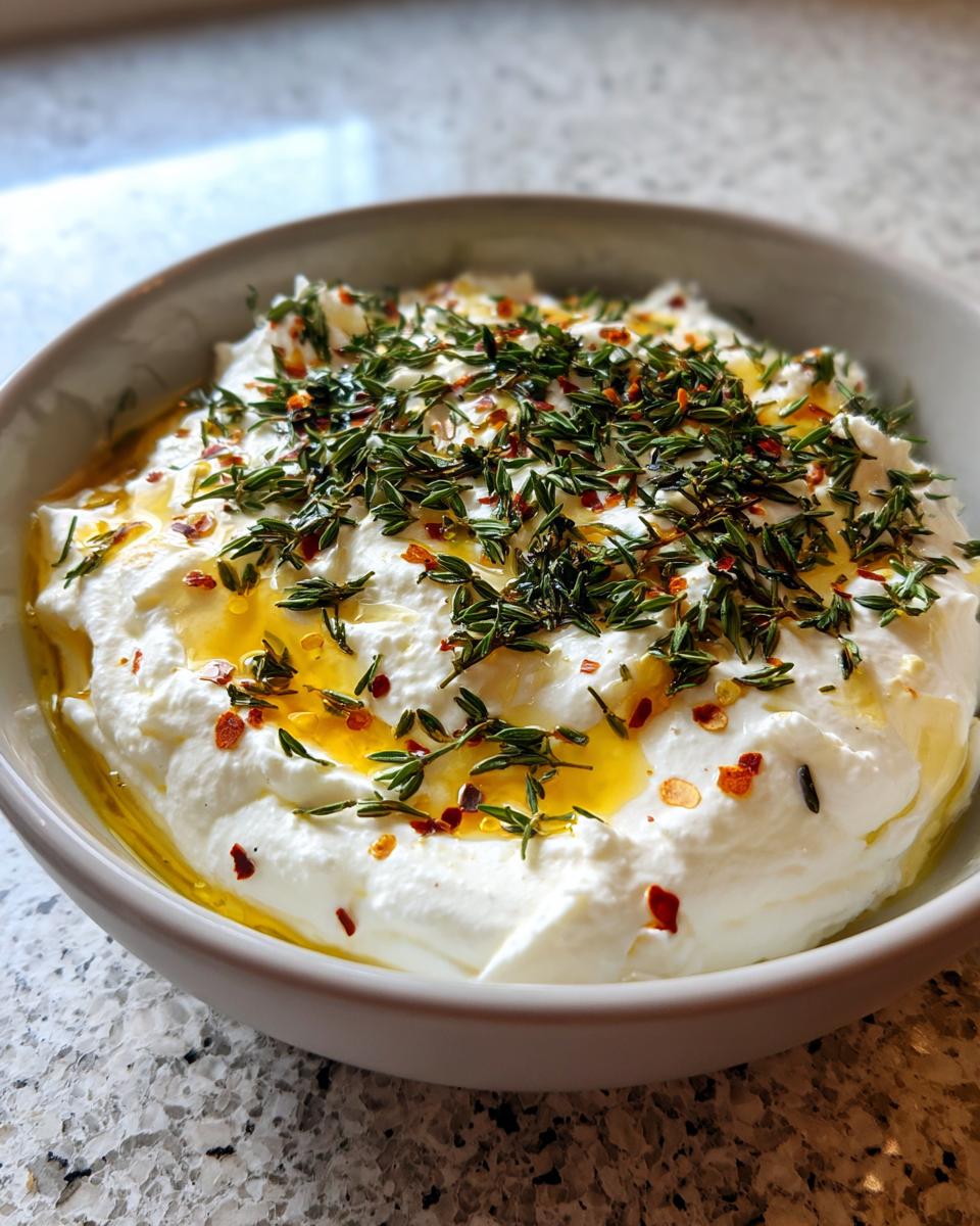 Close-up of a bowl of creamy whipped ricotta dip topped with fresh thyme, olive oil, and red pepper flakes.