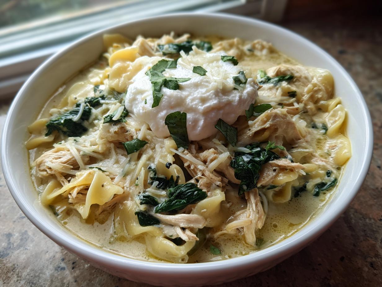 A close-up of a bowl of creamy white chicken lasagna soup topped with ricotta, parmesan, and spinach.